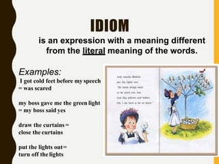 IDIOM
is an expression with a meaning different
from the literal meaning of the words.
Examples:
I got cold feet before my speech
= was scared
my boss gave me the green light
= my boss said yes
draw the curtains =
close the curtains
put the lights out=
turn off the lights
 