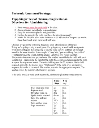 Phonemic Assessment/Strategy:
Yopp-Singer Test of Phonemic Segmentation
Directions for Administering
   1.   Have one test sheet for each child in the class.
   2.   Assess children individually in a quiet place.
   3.   Keep the assessment playful and game-like.
   4.   Explain the game to the child exactly as the directions specify.
   5.   Model for the child what he or she needs to do with each of the practice words.
        Have them break apart each word with you.

Children are given the following directions upon administration of the test:
Today we're going to play a word game. I'm going to say a word and I want you to
break the word apart. You are going to say the word slowly, and then tell me each
sound in the word in order. For example, if I say "old," you should say "oooo-llll-d"
(The teacher says the sound, not the letters.) Let's try a few words together.
The practice items are ride, go, and man. The teacher should help the child with each
sample item - segmenting the item for the child if necessary and encouraging the child
to repeat the segmented words. Then the child is given the 22 item test. If the child
responds correctly, the teacher says, "That's right." If the child gives an incorrect
response, he or she is corrected. The teacher provides the appropriate response. The
teacher circles the numbers of all correct answers.

If the child breaks a word apart incorrectly, the teacher gives the correct answer:

                                                  Child     You
                                                  Says      say

                       Uses onset and rime       /d/ -     /d-/o-
                       Repeats word              /og/      /g/
                       Stretches word out        dog       /d-/o-
                       Spells letters in word    d-o-      /g/
                       Says first and last       g         /d-/o-
                       sounds                    "d" -     /g/
                       Says another word         "o" -     /d-/o-
                       Says a sentence           "g"       /g/
                                                 /d/ -     /d-/o-
                                                 /g/       /g/
                                                 bark      /d-/o-
 