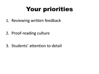 Your priorities
1. Reviewing written feedback

2. Proof-reading culture

3. Students’ attention to detail
 