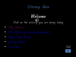 Literacy Idea

                      Welcome
         Click on the activity you are doing today
•   Jolly Phonics
•   ABC (letter and sound recognition)
•   Magic Sight Words
•   Spelling Words
•   Free Time                                      End
 