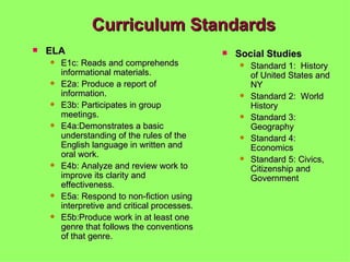 Curriculum Standards ELA E1c: Reads and comprehends informational materials. E2a: Produce a report of information. E3b: Participates in group meetings. E4a:Demonstrates a basic understanding of the rules of the English language in written and oral work. E4b: Analyze and review work to improve its clarity and effectiveness. E5a: Respond to non-fiction using interpretive and critical processes. E5b:Produce work in at least one genre that follows the conventions of that genre. Social Studies Standard 1:  History of United States and NY Standard 2:  World History Standard 3: Geography Standard 4:  Economics Standard 5: Civics, Citizenship and Government 