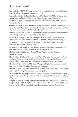 12 Literacy Moves On
Bearne, E. (2003b) “Rethinking Literacy: Communication, Representation and
Text,” Reading: Literacy and Language, 37 (3).
Bearne, E., Ellis, S., Graham, L., Hulme, P., Merchant, G. & Mills, C. (2004) More
than Words: Multimodal Texts in the Classroom. London: QCA/UKLA.
Bourdieu, P. (1991) Language and Symbolic Power. Cambridge, MA: Harvard
University Press.
Comber, B. (2001) “Critical Literacies and Local Action: Teacher Knowledge and a
‘New’ Research Agenda,” in Comber, B. & Simpson, A. (eds) Negotiating Critical
Literacies in Classrooms. Mahwah, NJ: Lawrence Erlbaum.
Kenway, J. & Bullen, E. (2001) Consuming Children: Education—Entertainment—
Advertising. Buckingham: Open University Press.
Lambirth, A. (2003) “ ‘They Get Enough of That at Home’: Understanding
Aversion to Popular Culture in Schools,” Reading: Literacy and Learning, 37 (1).
Lankshear, C., Gee, J., Knobel, M. & Searle, C. (2002) Changing Literacies.
Buckingham: Open University Press.
Lankshear, C. & Knobel, M. (2003) New Literacies: Changing Knowledge and
Classroom Learning. Buckingham: Open University Press.
Mackey, M. (2002) Literacies Across Media: Playing the Text. London:
RoutledgeFalmer.
Marsh, J. (2003) Taboos, Tightropes and Trivial Pursuits: Pre-service and Newly
Qualiﬁed Teachers’ Beliefs and Practices in Relation to Popular Culture and
Literacy. Paper presented at AERA annual meeting, Chicago, April 2003.
Merchant, G. (2003) “E-mail Me Your Thoughts: Digital Communication and
Narrative Writing,” Reading: Literacy and Language, 37 (3).
Millard, E. (2003) “Towards a Literacy of Fusion: New Times, New Teaching and
Learning?” Reading: Literacy and Learning, 37 (1).
State of Queensland, Department of Education (2000) Literate Futures: Report of
the Literacy Review for Queensland State Schools, available at: www.education.
qld.gov.au.
Vasquez, V. (2003) “Pairing Everyday Texts with Texts Written for Children,” in
Vasquez, V. (2003) Getting Beyond “I Like the Book”: Creating Space for Critical
Literacy in K–6 Classrooms. Delaware: International Reading Association.
GRBQ003-1778G-INT[001-012].qxd 1/25/05 11:48 PM Page 12 Quark07 27A:GRBQ003:Chapter:INTRDUCTIO
 