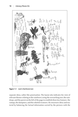 separate ideas, rather like punctuation. The layout also indicates his view of
relevant themes relating to the rainforest,using the overarching tree,the rain-
drops,and the parrot on the left of the page to establish three key features: the
canopy,the dampness,and the colorful creatures. He structures ideas and ma-
terial by balancing the factual information carried by the pictures with the
18 Literacy Moves On
Figure 1.1 Liam’s Rainforest text
GRBQ003-1778G-01[013-029].qxd 1/25/05 11:46 PM Page 18 Quark07 27A:GRBQ003:Chapter:Chapter-01:
 