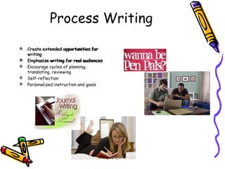 Process Writing
 Create extended opportunities for
                    opportunities for
  writing
 Emphasize writing for real audiences
                      for real audiences
 Encourage cycles of planning,
  translating, reviewing
 Self-reflection
 Personalized instruction and goals
 