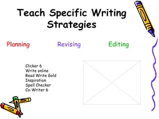 Teach Specific Writing
        Strategies
Planning                Revising   Editing


      Clicker 6
      Write online
      Read Write Gold
      Inspiration
      Spell Checker
      Co-Writer 6
 