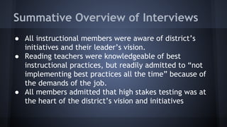 Summative Overview of Interviews
● All instructional members were aware of district’s
initiatives and their leader’s vision.
● Reading teachers were knowledgeable of best
instructional practices, but readily admitted to “not
implementing best practices all the time” because of
the demands of the job.
● All members admitted that high stakes testing was at
the heart of the district’s vision and initiatives

 