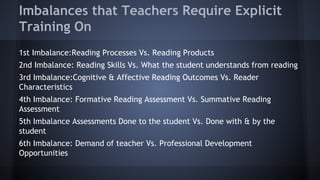 Imbalances that Teachers Require Explicit
Training On
1st Imbalance:Reading Processes Vs. Reading Products
2nd Imbalance: Reading Skills Vs. What the student understands from reading
3rd Imbalance:Cognitive & Affective Reading Outcomes Vs. Reader
Characteristics
4th Imbalance: Formative Reading Assessment Vs. Summative Reading
Assessment
5th Imbalance Assessments Done to the student Vs. Done with & by the
student
6th Imbalance: Demand of teacher Vs. Professional Development
Opportunities

 