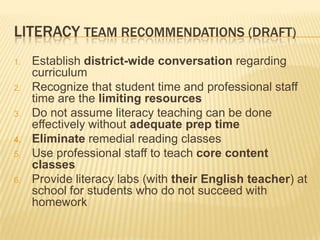 LITERACY TEAM RECOMMENDATIONS (DRAFT)
1.   Establish district-wide conversation regarding
     curriculum
2.   Recognize that student time and professional staff
     time are the limiting resources
3.   Do not assume literacy teaching can be done
     effectively without adequate prep time
4.   Eliminate remedial reading classes
5.   Use professional staff to teach core content
     classes
6.   Provide literacy labs (with their English teacher) at
     school for students who do not succeed with
     homework
 