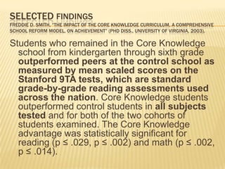 SELECTED FINDINGS
FREDDIE D. SMITH, “THE IMPACT OF THE CORE KNOWLEDGE CURRICULUM, A COMPREHENSIVE
SCHOOL REFORM MODEL, ON ACHIEVEMENT” (PHD DISS., UNIVERSITY OF VIRGINIA, 2003).

Students who remained in the Core Knowledge
  school from kindergarten through sixth grade
  outperformed peers at the control school as
  measured by mean scaled scores on the
  Stanford 9TA tests, which are standard
  grade-by-grade reading assessments used
  across the nation. Core Knowledge students
  outperformed control students in all subjects
  tested and for both of the two cohorts of
  students examined. The Core Knowledge
  advantage was statistically significant for
  reading (p ≤ .029, p ≤ .002) and math (p ≤ .002,
  p ≤ .014).
 