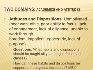 TWO DOMAINS: ACADEMICS AND ATTITUDES

2.   Attitudes and Dispositions: Unmotivated
     (poor work ethic, poor ability to focus, lack
     of engagement, lack of diligence, unable to
     work through
     boredom, impatient, egocentric, lack of
     purpose)
       Questions: What habits and dispositions
       should be taught all year long in freshman
       classes?
       How can these habits and dispositions be
       supported throughout the school? MBI?
 