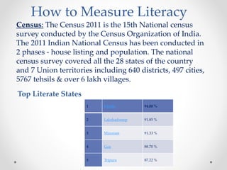 How to Measure Literacy
Census: The Census 2011 is the 15th National census
survey conducted by the Census Organization of India.
The 2011 Indian National Census has been conducted in
2 phases - house listing and population. The national
census survey covered all the 28 states of the country
and 7 Union territories including 640 districts, 497 cities,
5767 tehsils & over 6 lakh villages.
1 Kerala 94.00 %
2 Lakshadweep 91.85 %
3 Mizoram 91.33 %
4 Goa 88.70 %
5 Tripura 87.22 %
Top Literate States
 