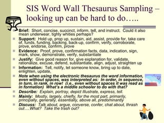 SIS Word Wall Thesaurus Sampling – looking up can be hard to do….. Brief:   Short, concise, succinct, inform, tell, and instruct.  Could it also mean underwear, tighty whities perhaps? Support:   Hold up, prop up, sustain, aid, assist, provide for, take care of, funds, funding, backing, back-up, confirm, verify, corroborate, prove, endorse, confirm, prove Evidence:  Proof, prove, confirmation facts, data, indication, sign, mark, show, demonstrate, verify, substantiate Justify:   Give good reason for, give explanation for, validate, rationalize, excuse, defend, substantiate, align, adjust, straighten up Information:   Tell, notify, let someone know, bring up to date, enlighten, update,  Note when using the electronic thesaurus the word information, even without spaces, was interpreted as:  In order, in sequence, in turn, in rank, in row!  (i.e., even without spaces it was read as in formation)  What’s a middle schooler to do with that? Describe:  Explain, portray, depict Illustrate, express, tell. Mainly:  Mostly, largely, chiefly, for the most part, primarily, principally, generally, essentially, above all, predominantly Discuss:  Talk about, argue, converse, confer, chat about, thrash out….What?  Take the trash out?   