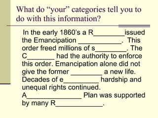 What do “your” categories tell you to do with this information? In the early 1860’s a R________issued the Emancipation ___________.  This order freed millions of s________. The C_______ had the authority to enforce this order. Emancipation alone did not give the former ________ a new life. Decades of e_________ hardship and unequal rights continued. A______________ Plan was supported by many R____________. 