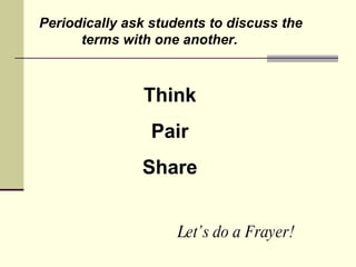 Periodically ask students to discuss the terms with one another. Think Pair Share Let’s do a Frayer! 