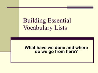 Building Essential Vocabulary Lists What have we done and where do we go from here? 