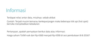 Informasi
Terdapat relasi antar data, misalnya: sebab-akibat
Contoh: Terjadi musim kemarau berkepanjangan maka beberapa titik api (hot spot)
berisiko menyebabkan kebakaran
Pertanyaan, apakah pernyataan berikut data atau informasi:
Harga saham TLKM naik dari Rp 4360 menjadi Rp 4390 di sesi pembukaan 8-8-2016?
 