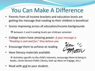 You Can Make A Difference
• Parents from all income brackets and education levels are
getting the message that reading to their children is beneficial
• Scores improving across all education/income backgrounds
 between 1 and 4 reading levels per child per semester
• College tutors have amazing power: if your message is
“Reading is cool and fun,” they believe you.
• Encourage them to achieve at reading
• Have literacy materials available
 Activities specific to the child’s interests, encourage them to bring in
books, check Geneva Public Library, look up ideas on Engage, etc.)
• Read with and to your student.
 