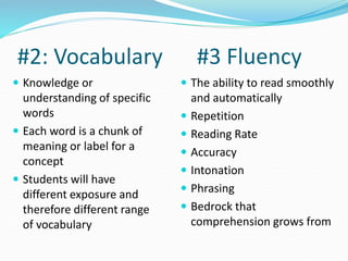 #2: Vocabulary #3 Fluency
 Knowledge or
understanding of specific
words
 Each word is a chunk of
meaning or label for a
concept
 Students will have
different exposure and
therefore different range
of vocabulary
 The ability to read smoothly
and automatically
 Repetition
 Reading Rate
 Accuracy
 Intonation
 Phrasing
 Bedrock that
comprehension grows from
 