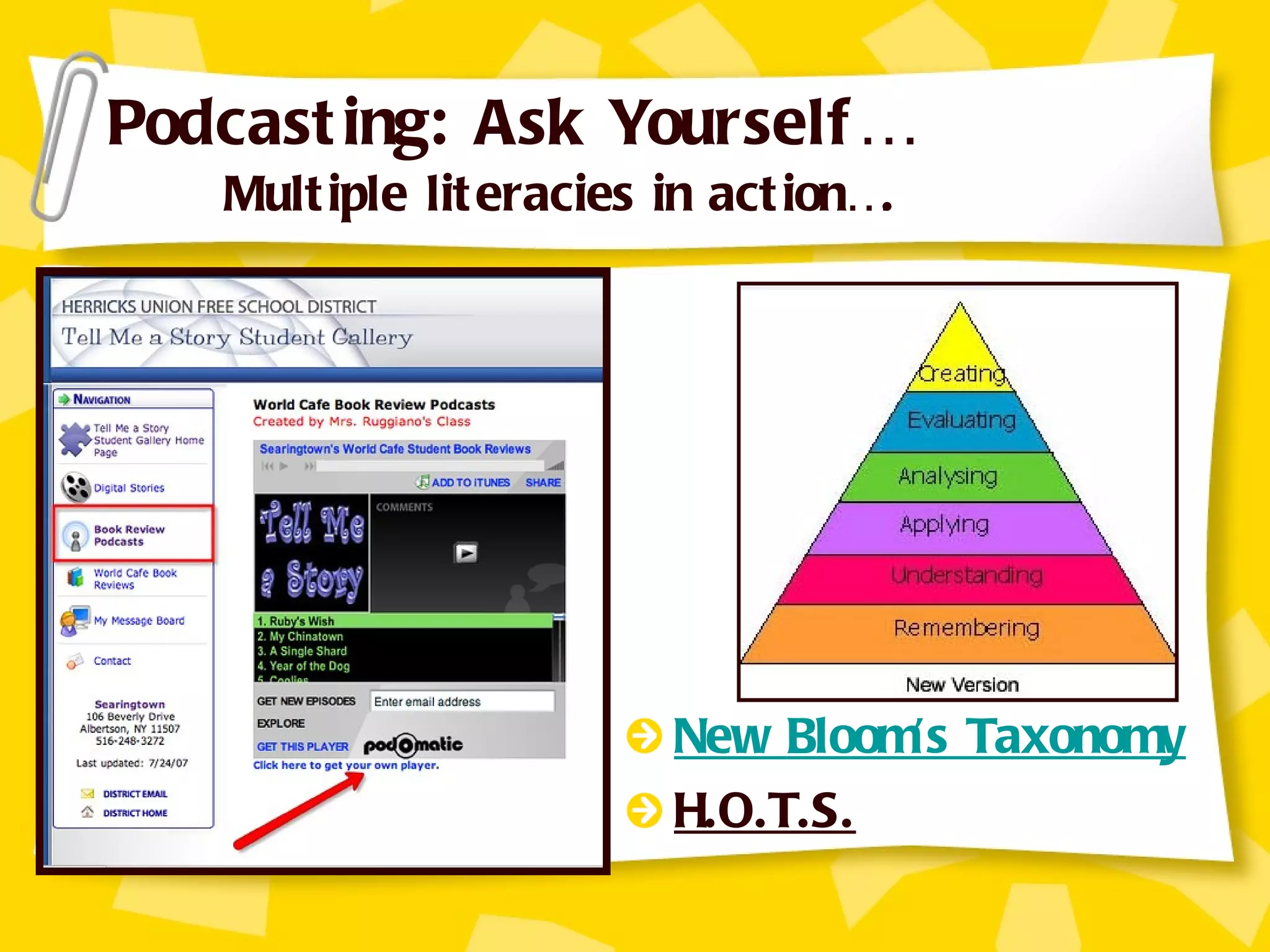 Podcasting: Ask Yourself… Multiple literacies in action…. New   Bloom ’s  Taxonomy H.O.T.S. 