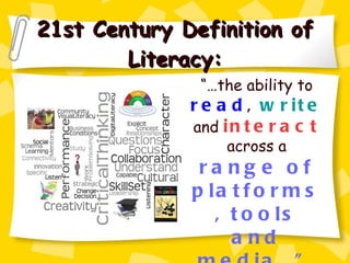 21st Century Definition of Literacy: “… the ability to  read ,  write  and  interact  across a  range of platforms, tools and media…” 
