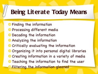 Being Literate Today Means Finding the information Processing different media Decoding the information Analyzing the information Critically evaluating the information Organizing it into personal digital libraries Creating information in a variety of media Teaching the information to find the user Filtering the information gleaned 