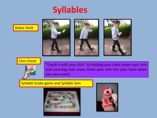 Syllables
Robot Walk




  Chin Check
                 “Check it with your chin” by holding your hand under your chin
                 and counting how many times your chin hits your hand when
                 you say a word.

   Syllable Snake game and Syllable Sam
 