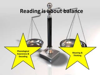 Reading is about balance




Phonological
Awareness &          Meaning &
 Decoding             Thinking
 