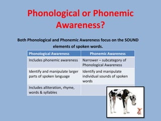 Phonological or Phonemic
          Awareness?
Both Phonological and Phonemic Awareness focus on the SOUND
                  elements of spoken words.
     Phonological Awareness               Phonemic Awareness
     Includes phonemic awareness      Narrower – subcategory of
                                      Phonological Awareness
     Identify and manipulate larger   Identify and manipulate
     parts of spoken language         individual sounds of spoken
                                      words
     Includes alliteration, rhyme,
     words & syllables
 