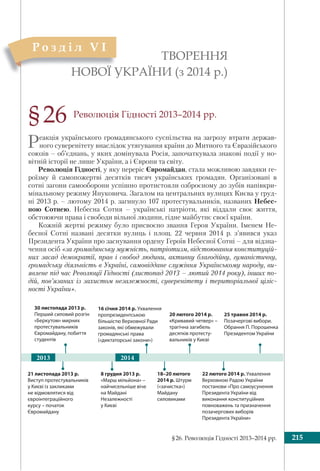 §26. Революція Гідності 2013–2014 рр. 215
Революція Гідності 2013–2014 рр.
Реакція українського громадянського суспільства на загрозу втрати держав-
ного суверенітету внаслідок утягування країни до Митного та Євразійського
союзів – об’єднань, у яких домінувала Росія, започаткувала знакові події у но-
вітній історії не лише України, а і Європи та світу.
Революція Гідності, у яку переріс Євромайдан, стала можливою завдяки ге-
роїзму й самопожертві десятків тисяч українських громадян. Організовані в
сотні загони самооборони успішно протистояли озброєному до зубів напівкри-
мінальному режиму Януковича. Загалом на центральних вулицях Києва у груд-
ні 2013 р. – лютому 2014 р. загинуло 107 протестувальників, названих Небес-
ною Сотнею. Небесна Сотня – українські патріоти, які віддали своє життя,
обстоюючи права і свободи вільної людини, гідне майбутнє своєї країни.
Кожній жертві режиму було присвоєно звання Героя України. Іменем Не-
бесної Сотні названі десятки вулиць і площ. 22 червня 2014 р. з’явився указ
Президента України про заснування ордену Героїв Небесної Сотні – для відзна-
чення осіб «за громадянську мужність, патріотизм, відстоювання конституцій-
них засад демократії, прав і свобод людини, активну благодійну, гуманістичну,
громадську діяльність в Україні, самовіддане служіння Українському народу, ви-
явлене під час Революції Гідності (листопад 2013 – лютий 2014 року), інших по-
дій, пов’язаних із захистом незалежності, суверенітету і територіальної ціліс-
ності України».
ТВОРЕННЯ
НОВОЇ УКРАЇНИ (з 2014 р.)НОВОЇЇ У
Р о з д і л V I
§26
2013 2014
21 листопада 2013 р.
Виступ протестувальників
у Києві із закликами
не відмовлятися від
євроінтеграційного
курсу – початок
Євромайдану
8 грудня 2013 р.
«Марш мільйона» –
найчисельніше віче
на Майдані
Незалежності
у Києві
18–20 лютого
2014 р. Штурм
(«зачистка»)
Майдану
силовиками
22 лютого 2014 р. Ухвалення
Верховною Радою України
постанови «Про самоусунення
Президента України від
виконання конституційних
повноважень та призначення
позачергових виборів
Президента України»
30 листопада 2013 р.
Перший силовий розгін
«Беркутом» мирних
протестувальників
Євромайдану, побиття
студентів
16 січня 2014 р. Ухвалення
пропрезидентською
більшістю Верховної Ради
законів, які обмежували
громадянські права
(«диктаторські закони»)
20 лютого 2014 р.
«Кривавий четвер» –
трагічна загибель
десятків протесту-
вальників у Києві
25 травня 2014 р.
Позачергові вибори.
Обрання П. Порошенка
Президентом України
 