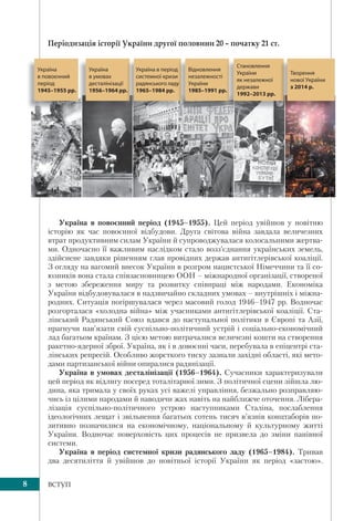 8 ВСТУП
Періодизація історії України другої половини 20 – початку 21 ст.
Україна в повоєнний період (1945–1955). Цей період увійшов у новітню
історію як час повоєнної відбудови. Друга світова війна завдала величезних
втрат продуктивним силам України й супроводжувалася колосальними жертва-
ми. Одночасно її важливим наслідком стало возз’єднання українських земель,
здійснене завдяки рішенням глав провідних держав антигітлерівської коаліції.
З огляду на вагомий внесок України в розгром нацистської Німеччини та її со-
юзників вона стала співзасновницею ООН – міжнародної організації, створеної
з метою збереження миру та розвитку співпраці між народами. Економіка
України відбудовувалася в надзвичайно складних умовах – внутрішніх і міжна-
родних. Ситуація погіршувалася через масовий голод 1946–1947 рр. Водночас
розгорталася «холодна війна» між учасниками антигітлерівської коаліції. Ста-
лінський Радянський Союз вдався до наступальної політики в Європі та Азії,
прагнучи нав’язати свій суспільно-політичний устрій і соціально-економічний
лад багатьом країнам. З цією метою витрачалися величезні кошти на створення
ракетно-ядерної зброї. Україна, як і в довоєнні часи, перебувала в епіцентрі ста-
лінських репресій. Особливо жорсткого тиску зазнали західні області, які мето-
дами партизанської війни опиралися радянізації.
Україна в умовах десталінізації (1956–1964). Сучасники характеризували
цей період як відлигу посеред тоталітарної зими. З політичної сцени зійшла лю-
дина, яка тримала у своїх руках усі важелі управління, безжально розправляю-
чись із цілими народами й наводячи жах навіть на найближче оточення. Лібера-
лізація суспільно-політичного устрою наступниками Сталіна, послаблення
ідеологічних лещат і звільнення багатьох сотень тисяч в’язнів концтаборів по-
зитивно позначилися на економічному, національному й культурному житті
України. Водночас поверховість цих процесів не призвела до зміни панівної
системи.
Україна в період системної кризи радянського ладу (1965–1984). Тривав
два десятиліття й увійшов до новітньої історії України як період «застою».
Україна
в умовах
десталінізації
1956–1964 рр.р.
Україна в період
системної кризи
радянського ладу
1965–1984 рр.
д
и
у
Відновлення
незалежності
України
1985–1991 рр..
Становлення
України
як незалежної
держави
1992–2013 рр.
Творення
нової України
з 2014 р.
Україна
в повоєнний
період
1945–1955 рр.
 