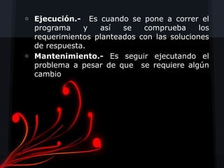 o   Ejecución.- Es cuando se pone a correr el
    programa    y   así   se   comprueba      los
    requerimientos planteados con las soluciones
    de respuesta.
o   Mantenimiento.- Es seguir ejecutando el
    problema a pesar de que se requiere algún
    cambio
 