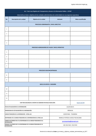 logotipo institucional imagen jpg
No. Descripción de la unidad Objetivo de la unidad Indicador Meta cuantificable
1
2
3
3
4
6
7
8
9
10
11
12
Reporte del GPR
Art. 7 de la Ley Orgánica de Transparencia y Acceso a la Información Pública - LOTAIP
Literal a4) Las metas y objetivos de las unidades administrativas de conformidad con sus programas operativos
PROCESOS GOBERNANTES / NIVEL DIRECTIVO
PROCESOS AGREGADORES DE VALOR / NIVEL OPERATIVO
MENSUAL
FECHA ACTUALIZACIÓN DE LA INFORMACIÓN:
PERIODICIDAD DE ACTUALIZACIÓN DE LA INFORMACIÓN:
(31/07/2017)
PROCESOS DESCONCENTRADOS
MARIELA PATRICIA CHAVEZ PACHACAMA
LINK PARA DESCARGAR EL REPORTE DE GOBIERNO POR RESULTADOS (GPR)
NIVEL DE APOYO / ASESORÍA
(02) 3614 665 / 3614 824
NÚMERO TELEFÓNICO DEL O LA RESPONSABLE DE LA UNIDAD POSEEDORA DE LA
INFORMACIÓN:
CORREO ELECTRÓNICO DEL O LA RESPONSABLE DE LA UNIDAD POSEEDORA DE LA
INFORMACIÓN:
jprumipamba@hotmail.com
UNIDAD POSEEDORA DE LA INFORMACION - LITERAL a4):
RESPONSABLE DE LA UNIDAD POSEEDORA DE LA INFORMACIÓN DEL LITERAL a4):
SECRETARIA - TESORERIA
1 de 1 Nombre de la institución públicaLiteral_a4-metas_y_objetivos_unidades_administrativas_jul_2017
 