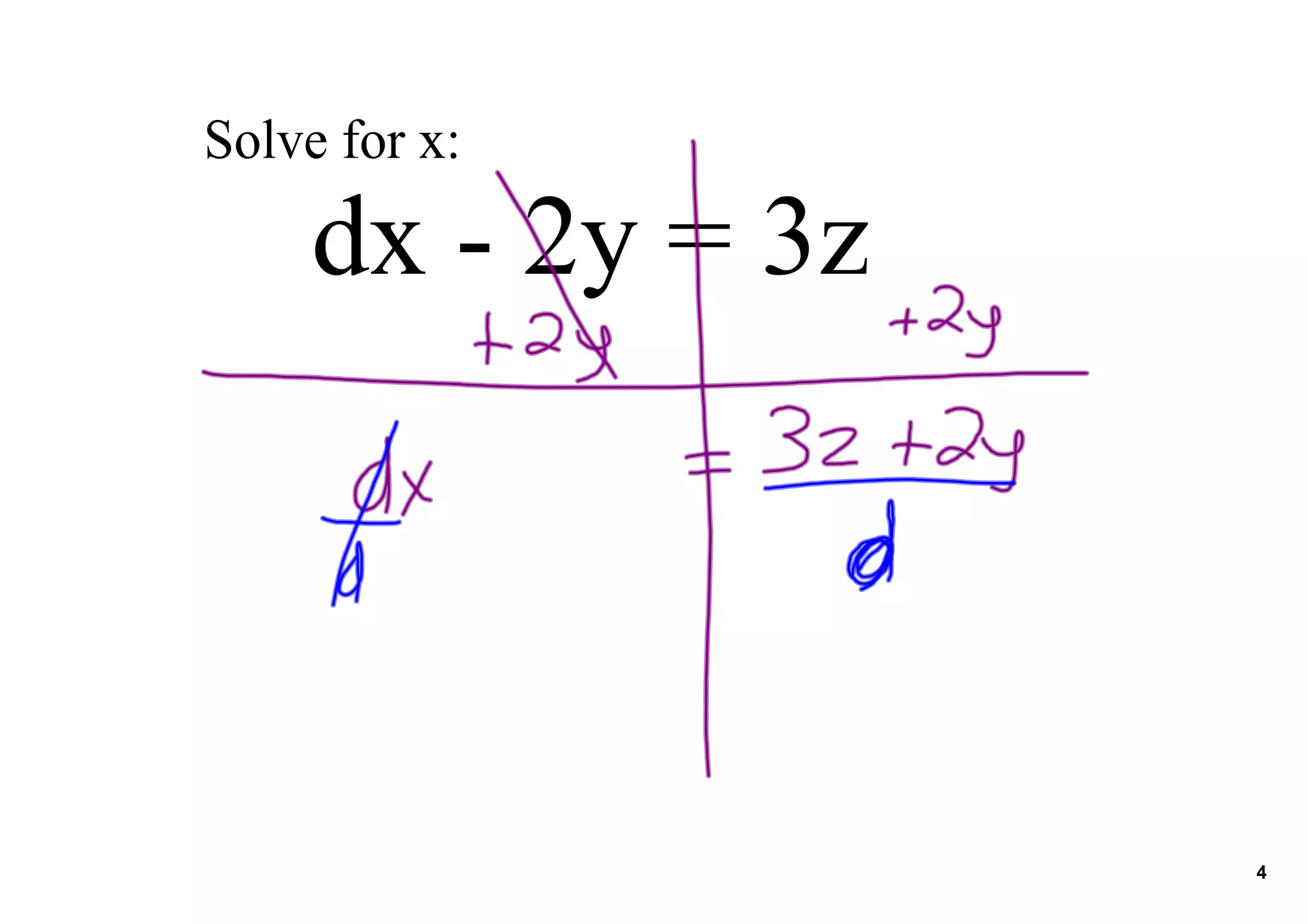 Solve for x:
dx 2y = 3z
4
