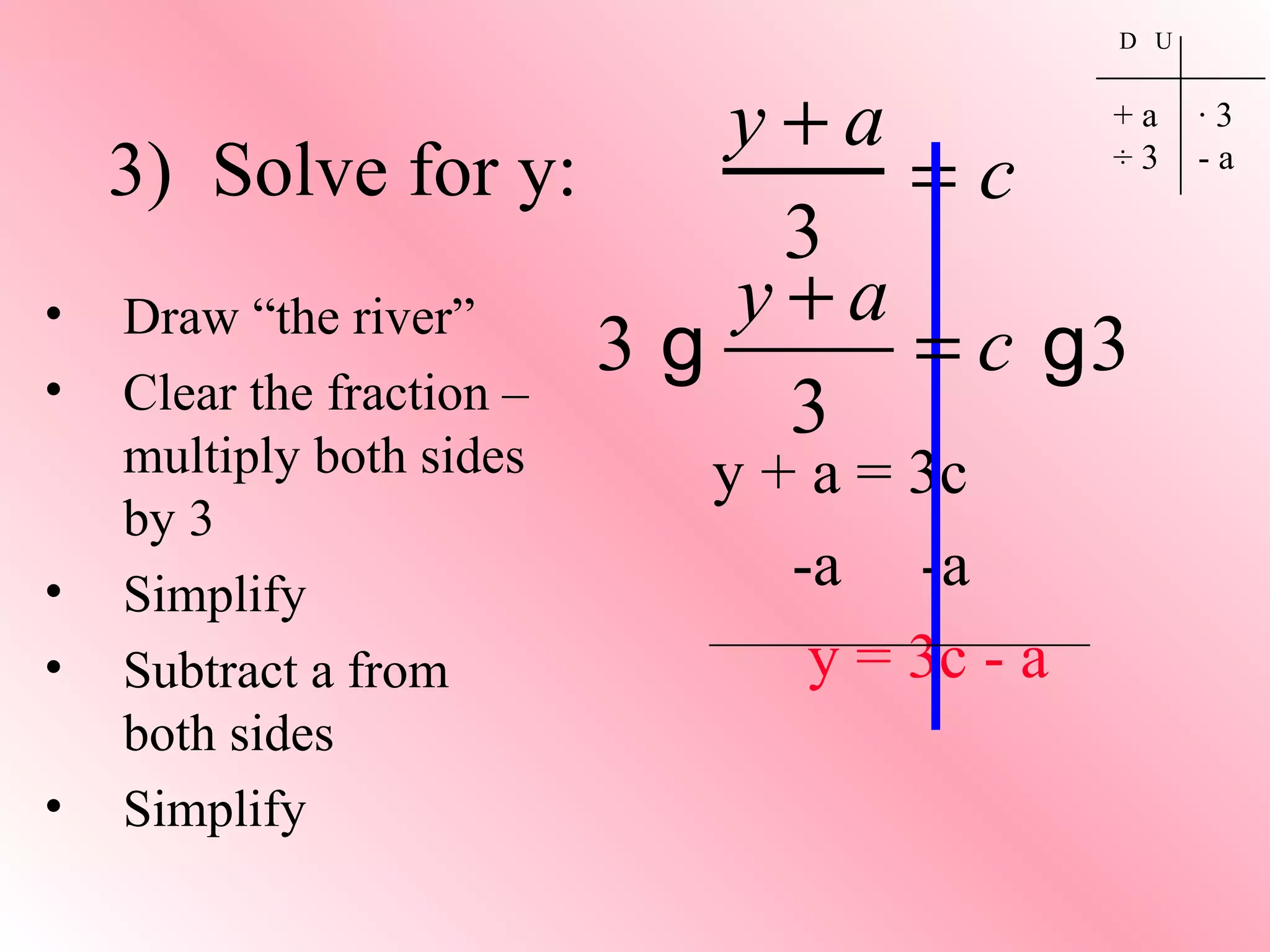 3) Solve for y:
y + a
3
= c
• Draw “the river”
• Clear the fraction –
multiply both sides
by 3
• Simplify
• Subtract a from
both sides
• Simplify
D U
+ a
÷ 3
· 3
- a
y + a = 3c
-a -a
y = 3c - a
3 3
3
y a
c
+
=g g
 