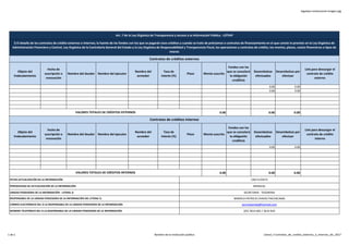 logotipo institucional imagen jpg
Objeto del
Endeudamiento
Fecha de
suscripción o
renovación
Nombre del deudor Nombre del ejecutor
Nombre del
acreedor
Tasa de
Interés (%)
Plazo Monto suscrito
Fondos con los
que se cancelará
la obligación
crediticia
Desembolsos
efectuados
Desembolsos por
efectuar
Link para descargar el
contrato de crédito
externo
0.00 0.00
0.00 0.00
0.00 0.00 0.00
Objeto del
Endeudamiento
Fecha de
suscripción o
renovación
Nombre del deudor Nombre del ejecutor
Nombre del
acreedor
Tasa de
Interés (%)
Plazo Monto suscrito
Fondos con los
que se cancelará
la obligación
crediticia
Desembolsos
efectuados
Desembolsos por
efectuar
Link para descargar el
contrato de crédito
interno
0.00 0.00
0.00 0.00 0.00
Art. 7 de la Ley Orgánica de Transparencia y Acceso a la Información Pública - LOTAIP
l) El detalle de los contratos de crédito externos o internos; la fuente de los fondos con los que se pagarán esos créditos y cuando se trate de préstamos o contratos de financiamiento en el que conste lo previsto en la Ley Orgánica de
Administración Financiera y Control, Ley Orgánica de la Contraloría General del Estado y la Ley Orgánica de Responsabilidad y Transparencia Fiscal, las operaciones y contratos de crédito, los montos, plazos, costos financieros o tipos de
interés
(30/12/2017)
MENSUAL
Contratos de créditos externos
Contratos de créditos internos
VALORES TOTALES DE CRÉDITOS EXTERNOS
VALORES TOTALES DE CRÉDITOS INTERNOS
SECRETARIA - TESORERIA
MARIELA PATRICIA CHAVEZ PACHACAMA
jprumipamba@hotmail.com
(02) 3614 665 / 3614 824
FECHA ACTUALIZACIÓN DE LA INFORMACIÓN:
PERIODICIDAD DE ACTUALIZACIÓN DE LA INFORMACIÓN:
UNIDAD POSEEDORA DE LA INFORMACIÓN - LITERAL l):
RESPONSABLE DE LA UNIDAD POSEEDORA DE LA INFORMACIÓN DEL LITERAL l):
CORREO ELECTRÓNICO DEL O LA RESPONSABLE DE LA UNIDAD POSEEDORA DE LA INFORMACIÓN:
NÚMERO TELEFÓNICO DEL O LA RESPONSABLE DE LA UNIDAD POSEEDORA DE LA INFORMACIÓN:
1 de 1 Nombre de la institución pública Literal_l-Contratos_de_credito_externos_o_internos_dic_2017
 