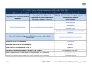 Link para descargar el Informe de Rendición
de Cuentas
Link para descargar el Informe de
cumplimiento del Derecho de Acceso a la
Información Pública (Art. 12 LOTAIP)
Detalle de otros mecanismos de rendición de cuentas que
la institución haya realizado
(link de descarga)
Revista institucional
Biblioteca virtual
Boletines de Prensa
Otros (tales como metas e informes de gestión e indicadores de
desempeño)
Link para descarga del informe anual de publicidad
(31/04/2015)
MENSUAL
SECRETARIA
LESLY JOHANNA ESTEVEZ OLALLA
secretaria.general@puembo.gob.ec
(02) 393 252 / 391 415
RESPONSABLE DE LA UNIDAD POSEEDORA DE LA INFORMACIÓN DEL LITERAL m):
CORREO ELECTRÓNICO DEL O LA RESPONSABLE DE LA UNIDAD POSEEDORA DE LA INFORMACIÓN:
NÚMERO TELEFÓNICO DEL O LA RESPONSABLE DE LA UNIDAD POSEEDORA DE LA INFORMACIÓN:
Informe de distribución del gasto en publicidad contratado en cada medio de
comunicación
Informe de Rendición de Cuentas
Art. 7 de la Ley Orgánica de Transparencia y Acceso a la Información Pública - LOTAIP
m) Mecanismos de rendición de cuentas a la ciudadanía, tales como metas e informes de gestión e indicadores de desempeño
Informe anual entregado a la Defensoría del Pueblo
PERIODICIDAD DE ACTUALIZACIÓN DE LA INFORMACIÓN:
FECHA ACTUALIZACIÓN DE LA INFORMACIÓN:
UNIDAD POSEEDORA DE LA INFORMACIÓN - LITERAL m):
1 de 1 GADPR- PUEMBO Literal_m-Mecanismos_de_rendicion_de_cuentas_a_la_ciudadania
 