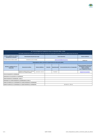 1 de 1 GADPR- PUEMBO Literal_o-Responsable_de_atender_la_informacion_publica_may_2019.xls
Nombres y apellidos de la máxima
autoridad de la institución
Número telefónico
FERNANDO PATRICIO CARRERA CARRERA
0999663426/
Nombres y apellidos de la o el
responsable
Número telefónico Extensión Apartado postal Correo electrónico de la o el responsable
Link para descargar el documento
de delegación realizada por la
máxima autoridad
(Art. 13 Reglamento LOTAIP)
(02) 393 252 / 391 415 "NO APLICA" delegación de la autoridad
PRESIDENTE DEL GAD-P PUEMBO
CORREO ELECTRÓNICO DEL O LA RESPONSABLE DE LA UNIDAD POSEEDORA DE LA INFORMACIÓN:
(02) 393 252 / 391 415
UNIDAD POSEEDORA DE LA INFORMACIÓN - LITERAL o):
RESPONSABLE DE LA UNIDAD POSEEDORA DE LA INFORMACIÓN DEL LITERAL o):
PARROQUIA PUEMBO CENTRAL AV. SANTIAGO
APOSTO N1-79 Y FLORENCIO ESPINOZA
NÚMERO TELEFÓNICO DEL O LA RESPONSABLE DE LA UNIDAD POSEEDORA DE LA INFORMACIÓN:
patricio.carrera@puembo.gob.ec
PERIODICIDAD DE ACTUALIZACIÓN DE LA INFORMACIÓN:
Dirección de la oficina
Responsable de recibir y tramitar los requerimientos de información pública
Art. 7 de la Ley Orgánica de Transparencia y Acceso a la Información Pública - LOTAIP
FECHA ACTUALIZACIÓN DE LA INFORMACIÓN:
Denominación del puesto que ocupa Correo electrónico
o) El nombre, dirección de la oficina, apartado postal y dirección electrónica del responsable de atender la información pública de que trata esta Ley
 