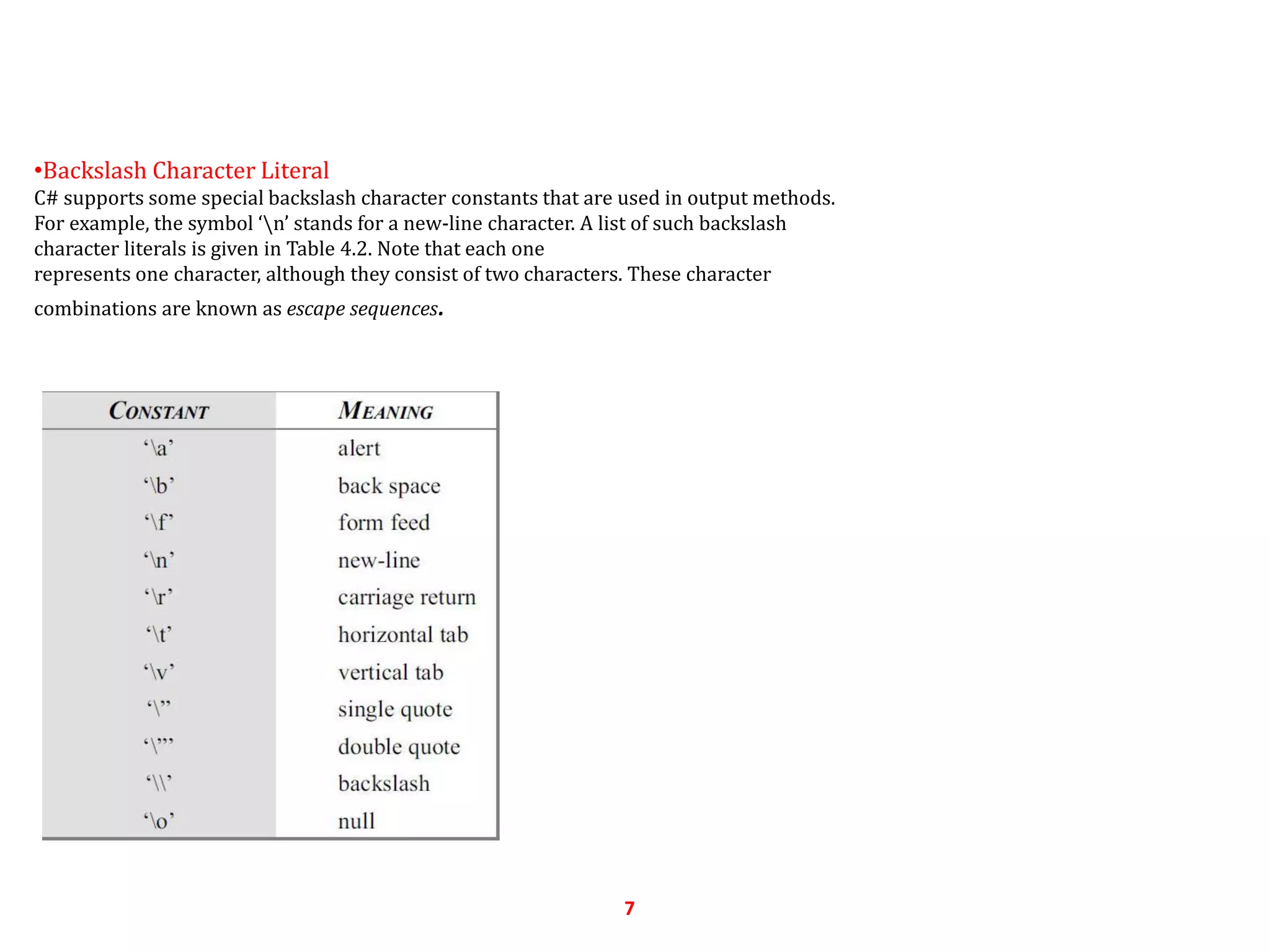 •Backslash Character Literal
C# supports some special backslash character constants that are used in output methods.
For example, the symbol ‘n’ stands for a new-line character. A list of such backslash
character literals is given in Table 4.2. Note that each one
represents one character, although they consist of two characters. These character
combinations are known as escape sequences.
7
 