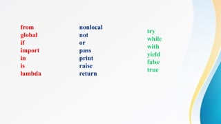 from
global
if
import
in
is
lambda
nonlocal
not
or
pass
print
raise
return
try
while
with
yield
false
true
 