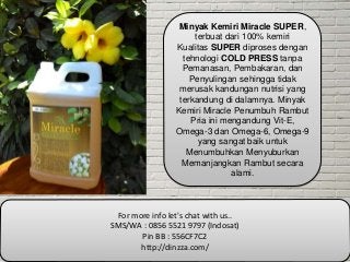 For more info let's chat with us..
SMS/WA : 0856 5521 9797 (Indosat)
Pin BB : 556CF7C2
http://dinzza.com/
Minyak Kemiri Miracle SUPER,
terbuat dari 100% kemiri
Kualitas SUPER diproses dengan
tehnologi COLD PRESS tanpa
Pemanasan, Pembakaran, dan
Penyulingan sehingga tidak
merusak kandungan nutrisi yang
terkandung di dalamnya. Minyak
Kemiri Miracle Penumbuh Rambut
Pria ini mengandung Vit-E,
Omega-3 dan Omega-6, Omega-9
yang sangat baik untuk
Menumbuhkan Menyuburkan
Memanjangkan Rambut secara
alami.
 