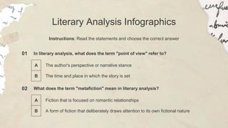 Literary Analysis Infographics
Instructions: Read the statements and choose the correct answer
01 In literary analysis, what does the term "point of view" refer to?
A The author's perspective or narrative stance
B The time and place in which the story is set
02 What does the term "metafiction" mean in literary analysis?
A Fiction that is focused on romantic relationships
B A form of fiction that deliberately draws attention to its own fictional nature
 