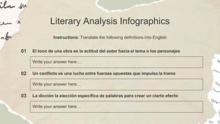 Literary Analysis Infographics
Instructions: Translate the following definitions into English
01 El tono de una obra es la actitud del autor hacia el tema o los personajes
Write your answer here…
02 Un conflicto es una lucha entre fuerzas opuestas que impulsa la trama
Write your answer here…
03 La dicción la elección específica de palabras para crear un cierto efecto
Write your answer here…
 