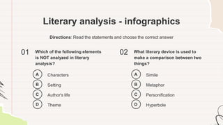 Literary analysis - infographics
Directions: Read the statements and choose the correct answer
Which of the following elements
is NOT analyzed in literary
analysis?
01
Characters
A
Setting
B
Author's life
C
Theme
D
What literary device is used to
make a comparison between two
things?
02
Simile
A
Metaphor
B
Personification
C
Hyperbole
D
 