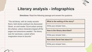 Literary analysis - infographics
Directions: Read the following passage and answer the questions
“The old library, with its creaky wooden
floors, held stories waiting to be discovered.
Sarah, an avid reader, found solace among
the shelves, where characters leaped off the
pages and adventures awaited. The library
was her sanctuary, a place where
imagination knew no bounds.”
What is the setting of the story?
Write your answer here…
How is the library described?
Write your answer here…
How does Sarah feel about it?
Write your answer here…
 