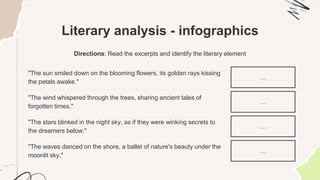 Literary analysis - infographics
Directions: Read the excerpts and identify the literary element
"The sun smiled down on the blooming flowers, its golden rays kissing
the petals awake."
…
"The wind whispered through the trees, sharing ancient tales of
forgotten times."
…
"The stars blinked in the night sky, as if they were winking secrets to
the dreamers below."
…
"The waves danced on the shore, a ballet of nature's beauty under the
moonlit sky."
…
 