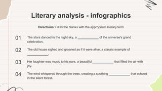 Literary analysis - infographics
Directions: Fill in the blanks with the appropriate literary term
The stars danced in the night sky, a ____________ of the universe's grand
celebration.
01
The old house sighed and groaned as if it were alive, a classic example of
____________.
02
Her laughter was music to his ears, a beautiful ____________ that filled the air with
joy.
03
The wind whispered through the trees, creating a soothing ____________ that echoed
in the silent forest.
04
 