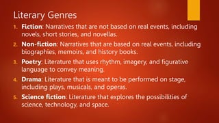 Literary Genres
1. Fiction: Narratives that are not based on real events, including
novels, short stories, and novellas.
2. Non-fiction: Narratives that are based on real events, including
biographies, memoirs, and history books.
3. Poetry: Literature that uses rhythm, imagery, and figurative
language to convey meaning.
4. Drama: Literature that is meant to be performed on stage,
including plays, musicals, and operas.
5. Science fiction: Literature that explores the possibilities of
science, technology, and space.
 
