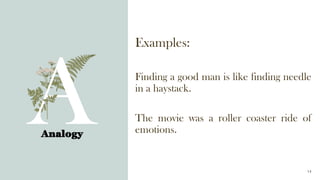 Examples:
Finding a good man is like finding needle
in a haystack.
The movie was a roller coaster ride of
emotions.
Analogy
14
 