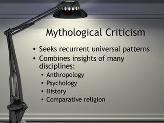 Mythological Criticism Seeks recurrent universal patterns Combines insights of many disciplines: Anthropology Psychology History Comparative religion 