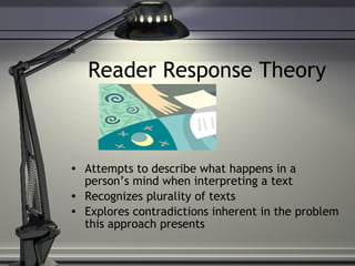 Reader Response Theory Attempts to describe what happens in a person’s mind when interpreting a text Recognizes plurality of texts Explores contradictions inherent in the problem this approach presents 